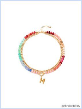 Boho Double Layer Beaded Bubble Letter Necklace Resin Cuban Chain